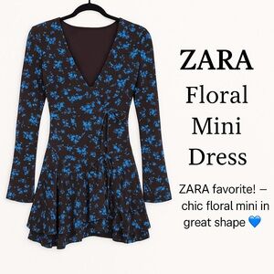 ZARA Brown & Blue Floral Wrap Mini Dress Long Sleeve Ruffle Hem XS